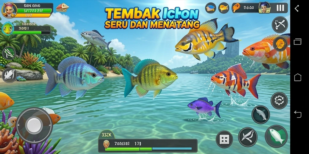 Tangkapan layar gameplay seru 33ZK saat menangkap ikan.