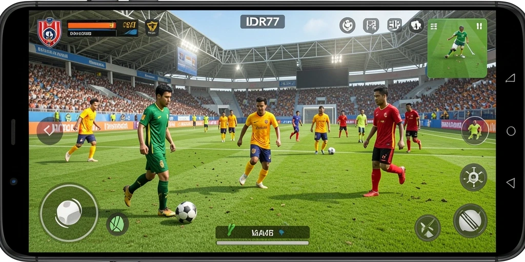 Tampilan dalam permainan IDR77 yang menampilkan aksi seru di lapangan sepak bola.